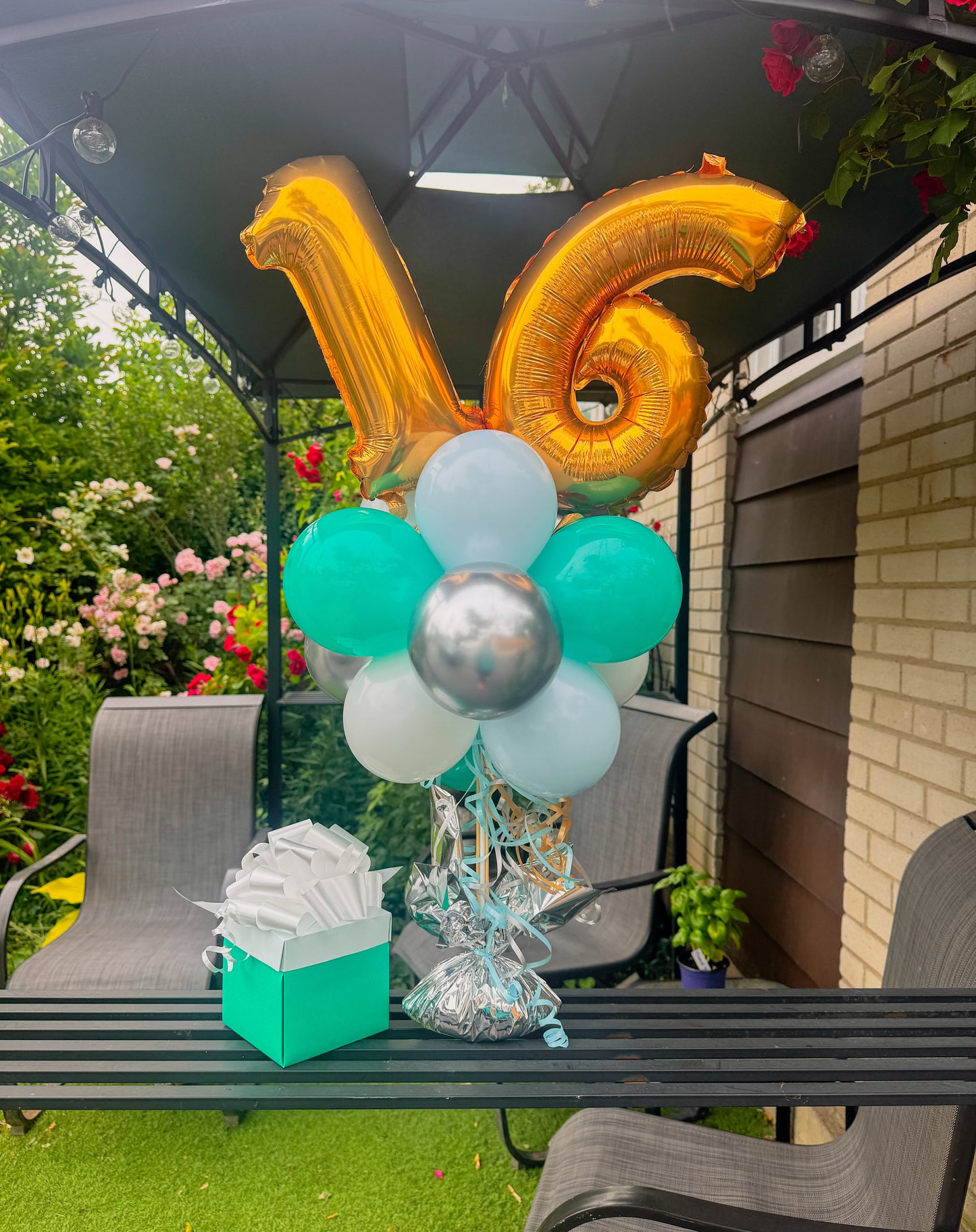 Birthday balloons and memory box. (Two foil numbers)