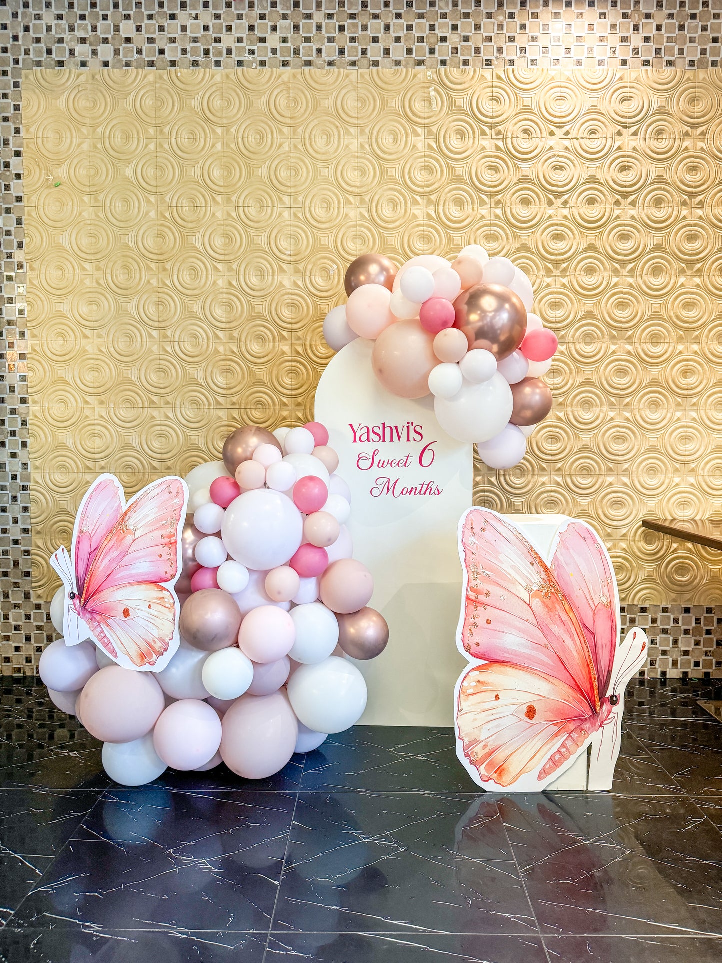 Mini solid balloon backdrop, 2 cutouts and one cake stand