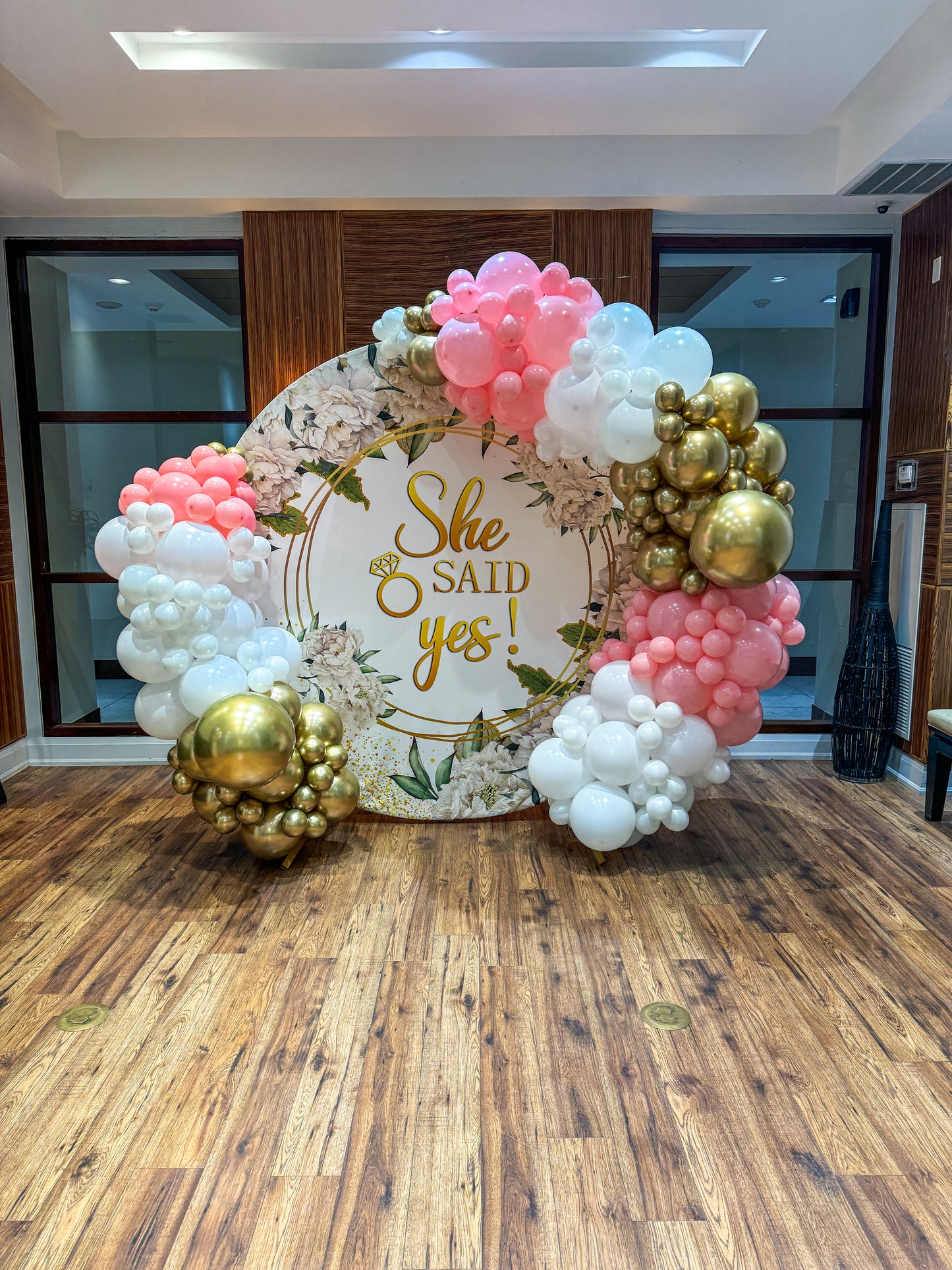 7.5 foot balloons arch with she said yes backdrop