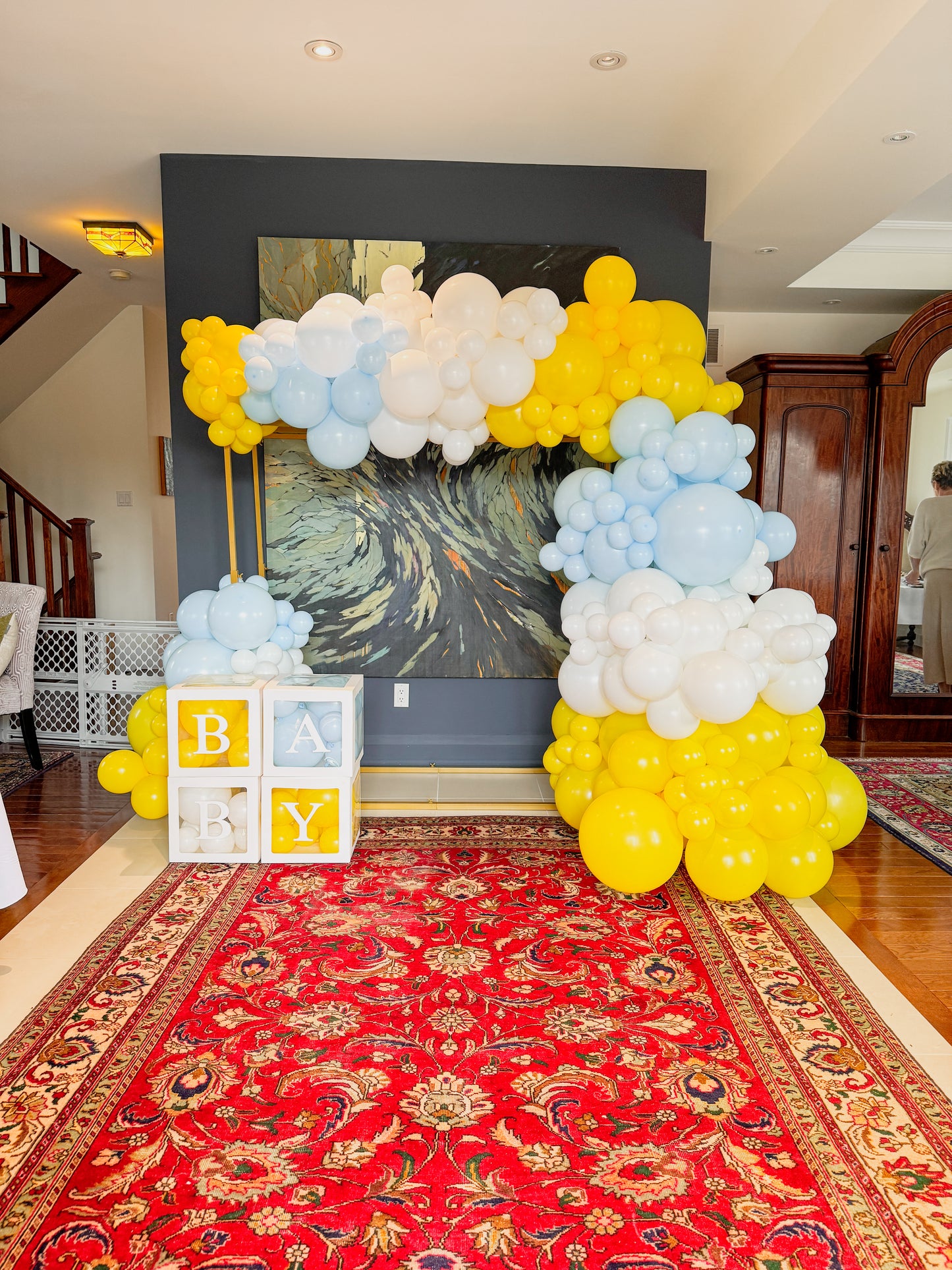 5 foot tall square gold arch with balloons & Baby Boxes