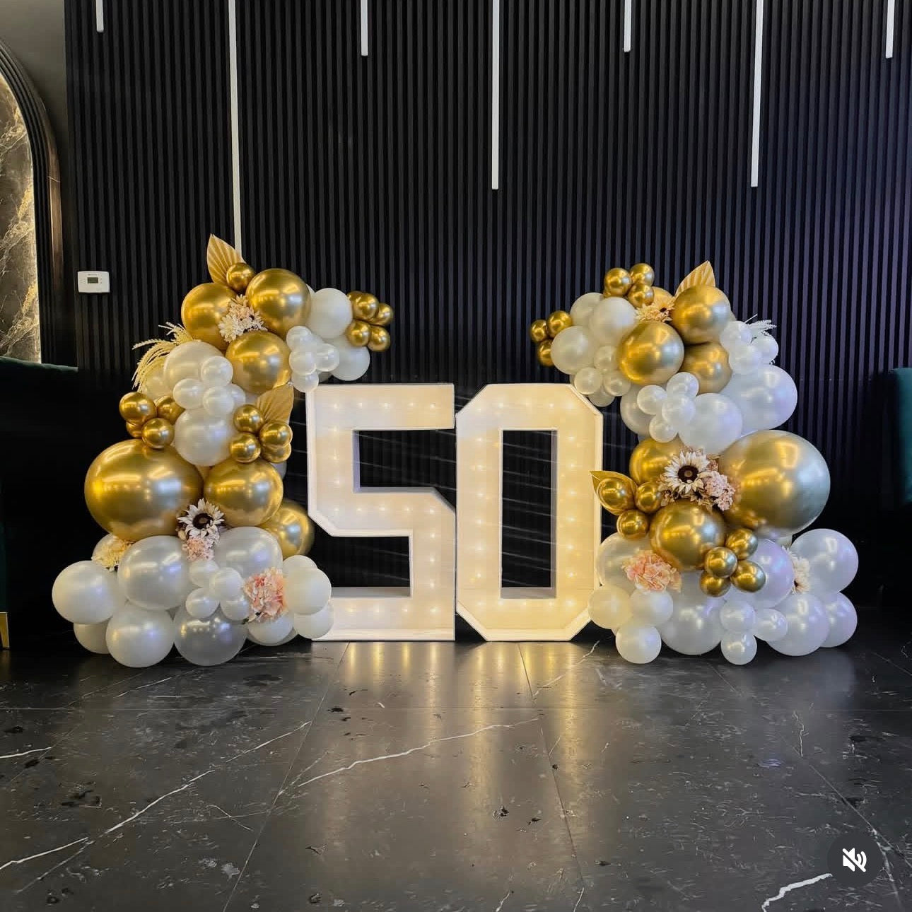 Two light up numbers with side balloon garlands and floral accents