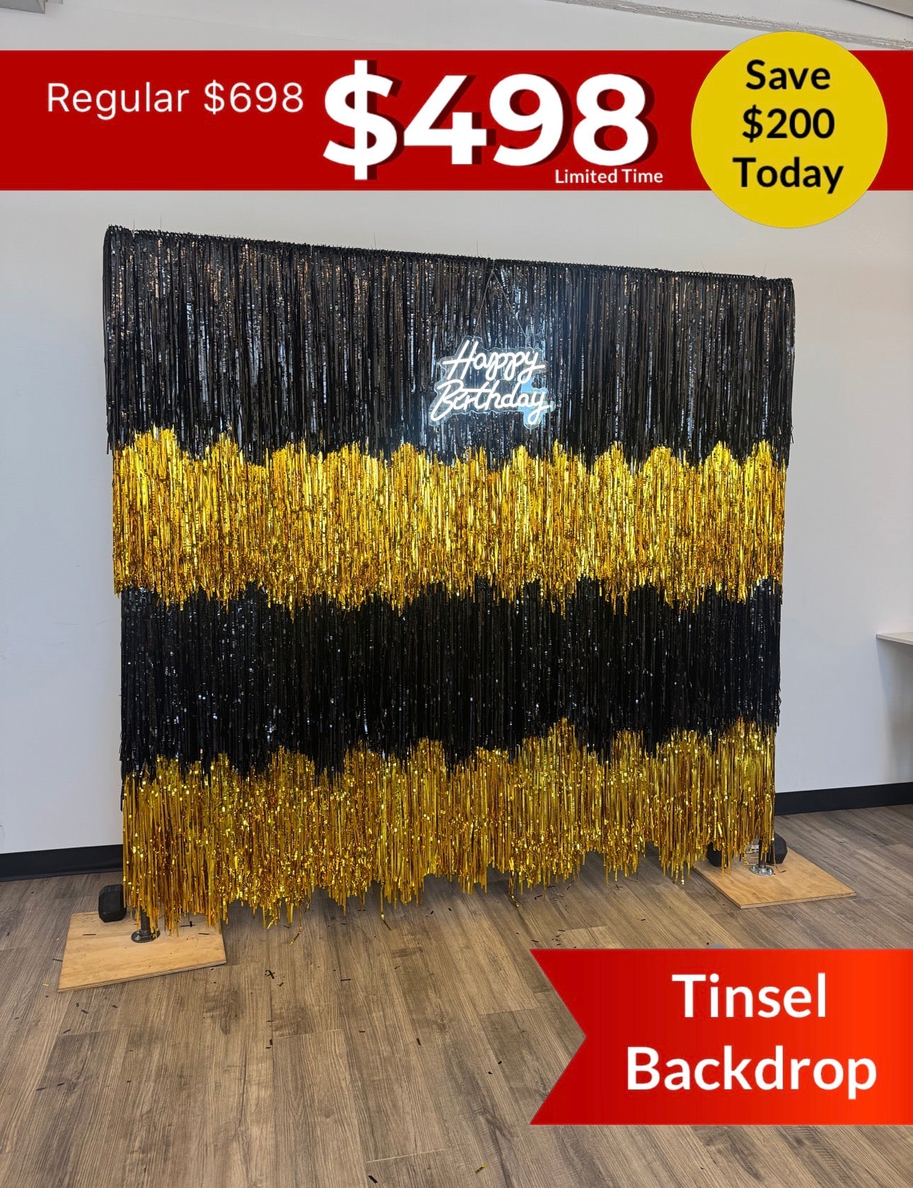 8x7 Gold & Black Tinsel Backdrop