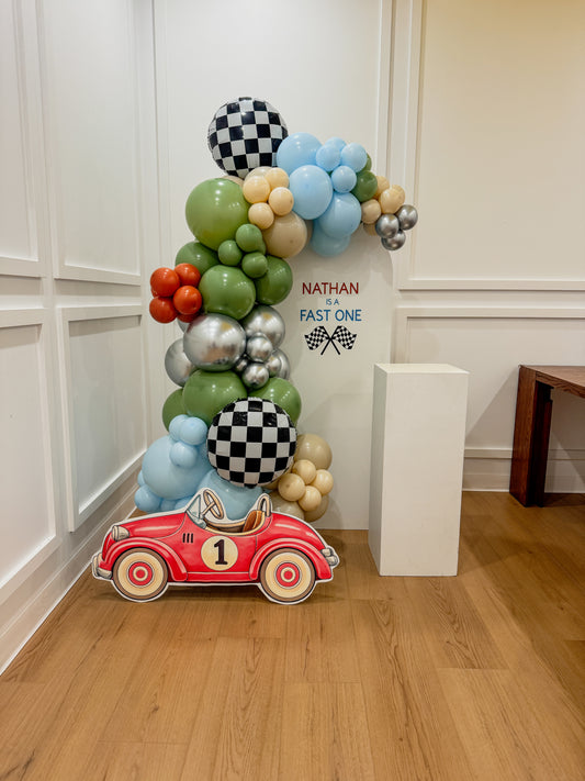 Mini solid wood backdrop with balloons, prop, foils & cakestand
