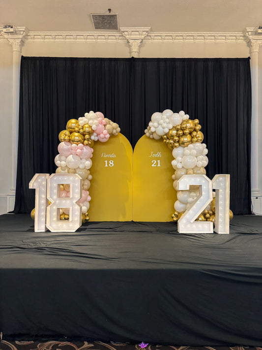 Two large solid backdrops, balloons and 4 marquee numbers