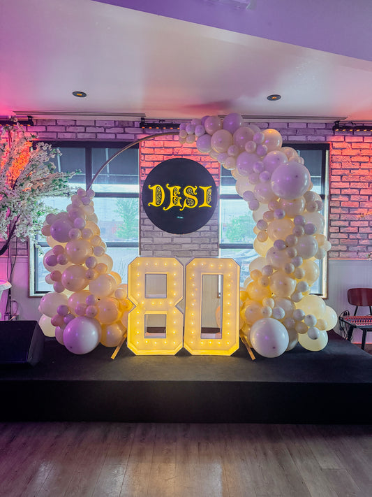 7.5 foot balloon arch with light up numbers.