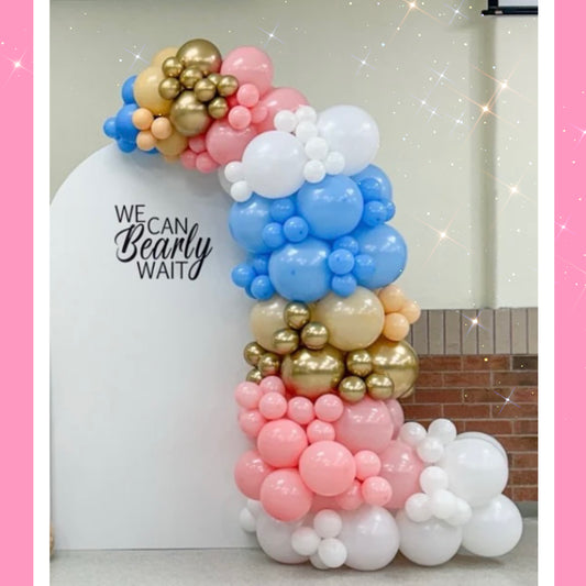 Large solid backdrop with simple+ balloons on side