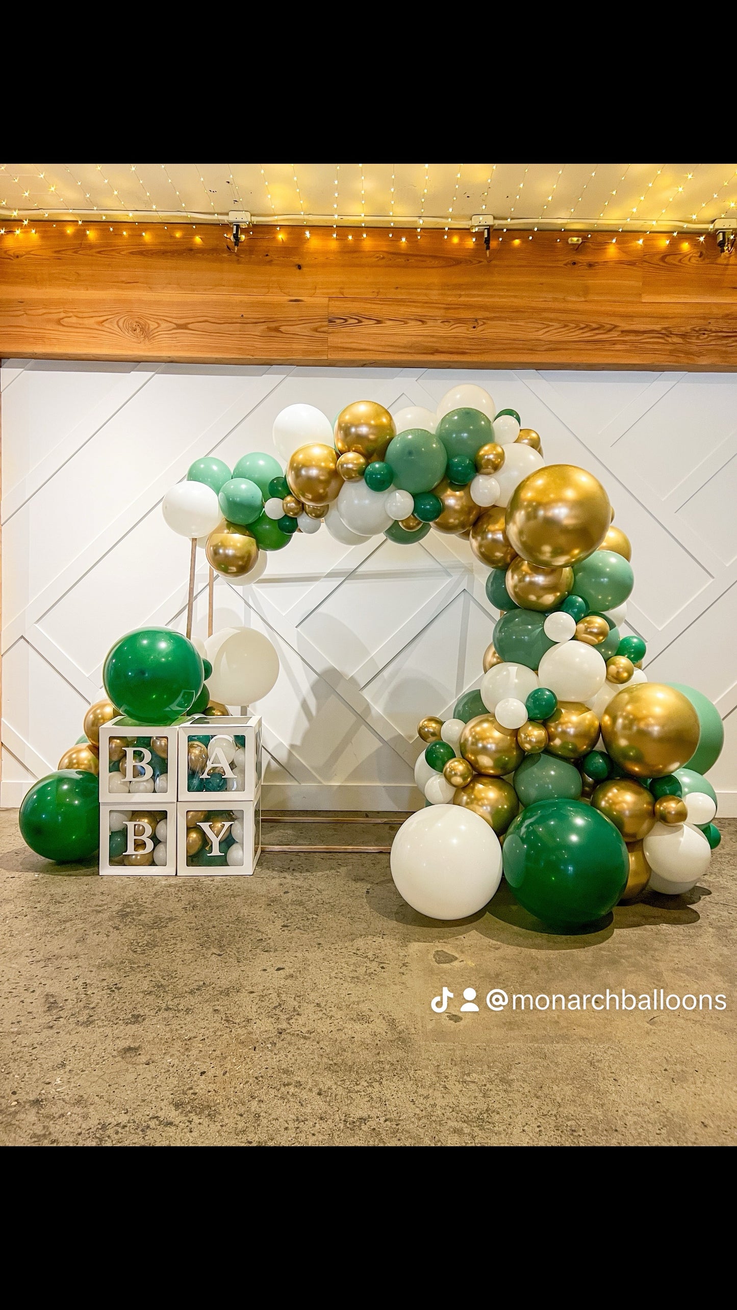 5 foot tall square gold arch with balloons & Baby Boxes