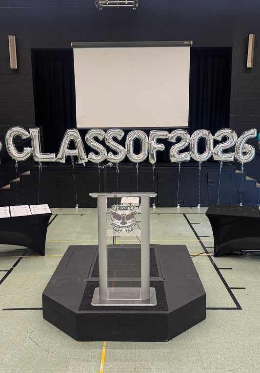 Jumbo CLASSOF2026 helium filled foils on weights