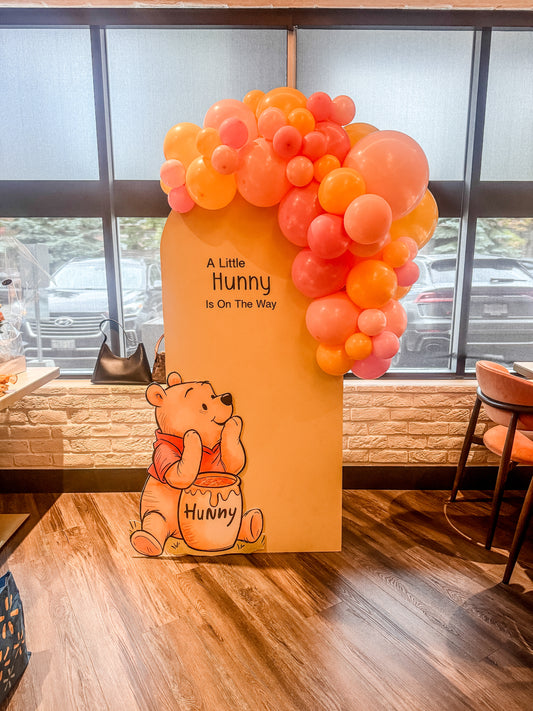 Middle solid wood backdrop, side top balloons, words and prop cutout