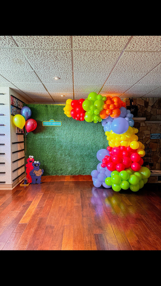 Grass backdrop with a 10 foot balloon garland and sign