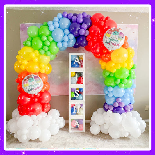 8 Foot Tall Rainbow Arch with Happy Birthday Foils