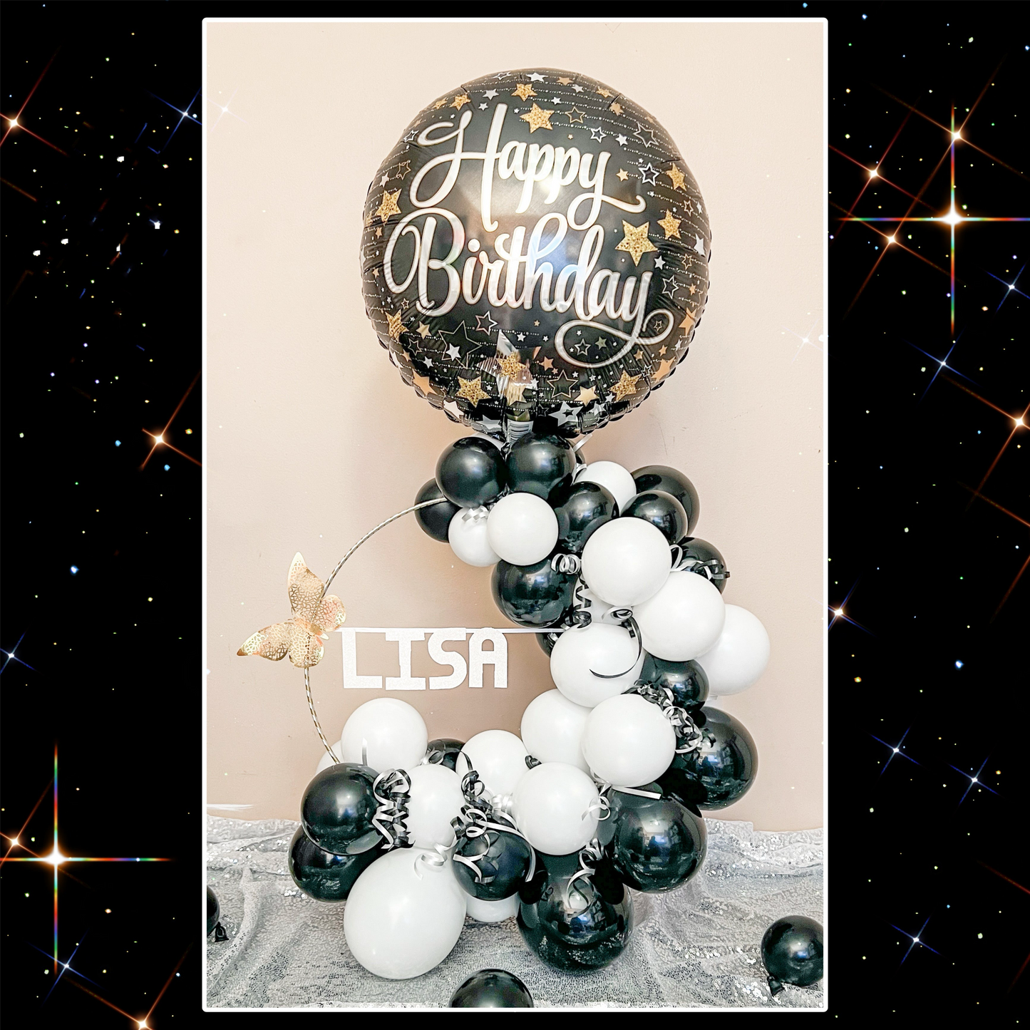 Black & White Happy Birthday Circle Table Topper