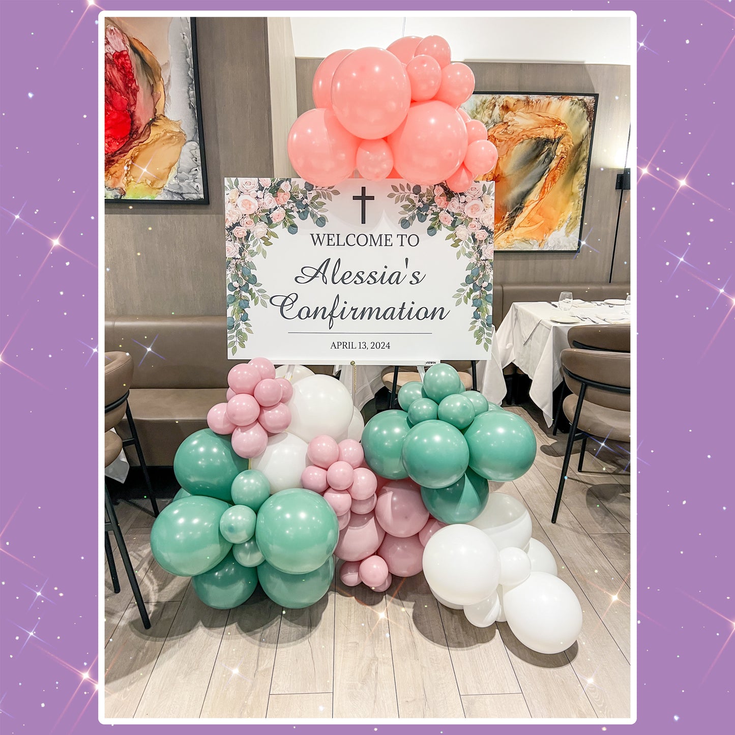 Large personalized sign on balloon filled easel