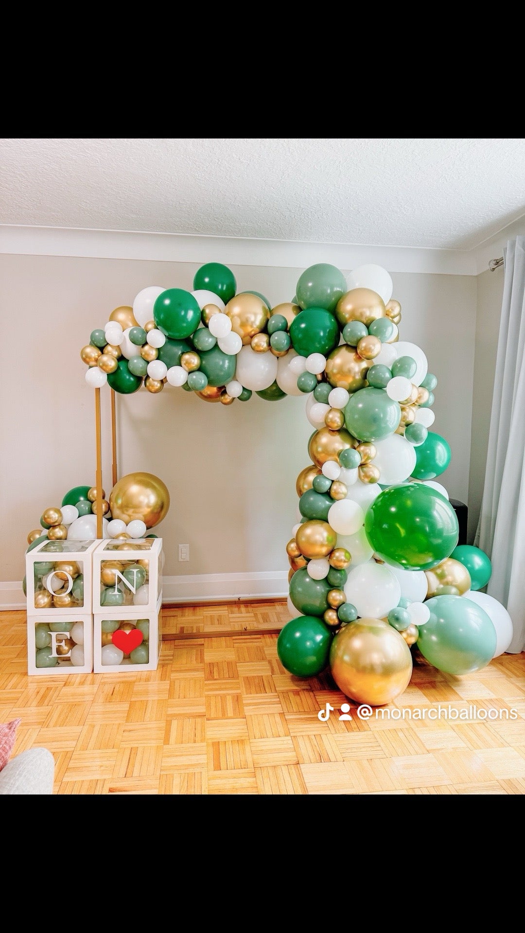 5 foot tall square gold arch with balloons & Baby Boxes