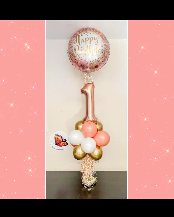 Aged balloon bouquet with happy birthday foil