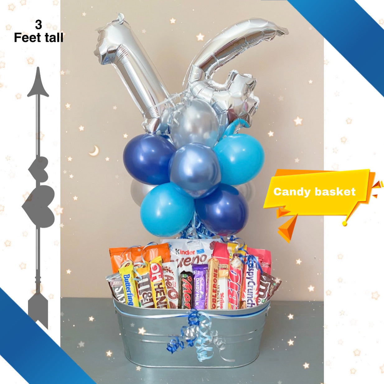 Number foil balloons with a large chocolate bar basket