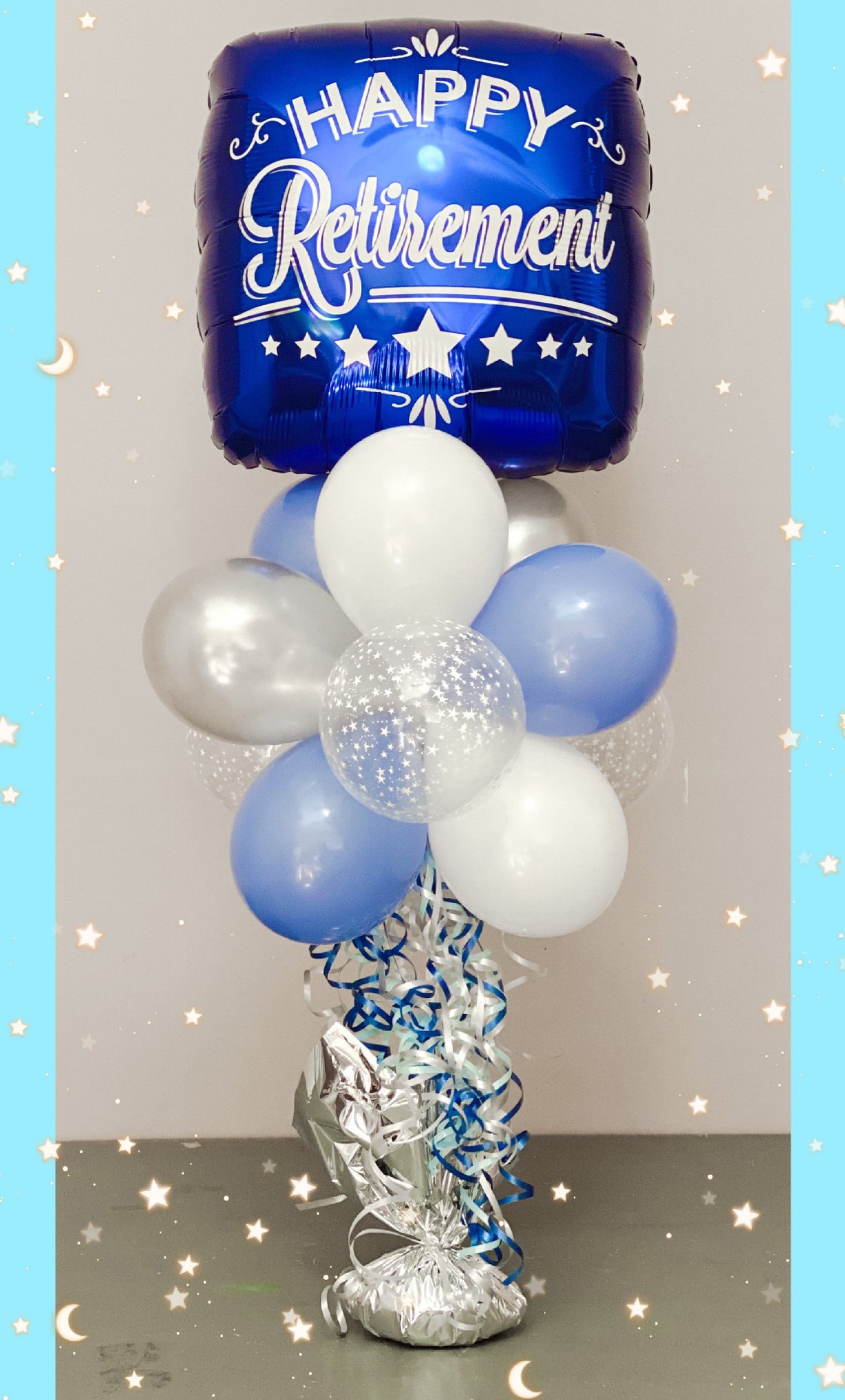 Blue happy retirement bouquet