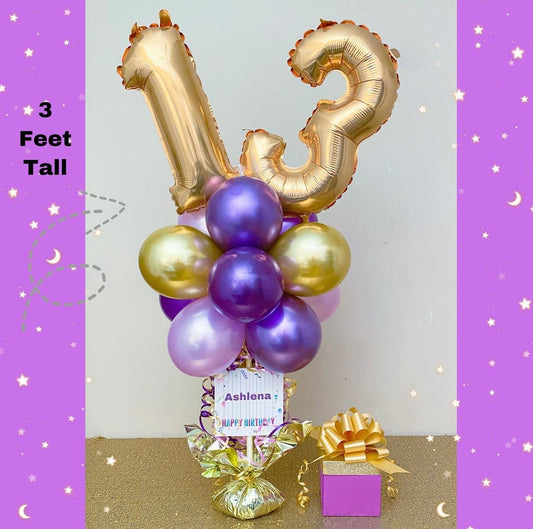 Aged balloon bouquet with name and 4” memory box