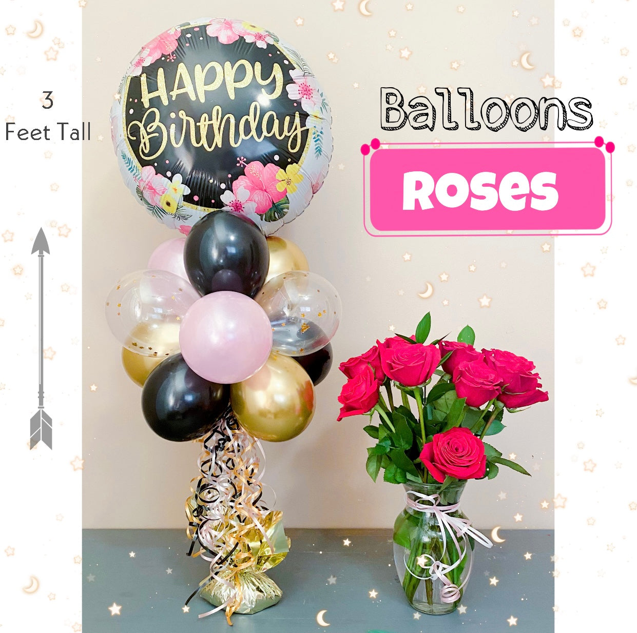 Balloons & 12 Short Stem Red Roses