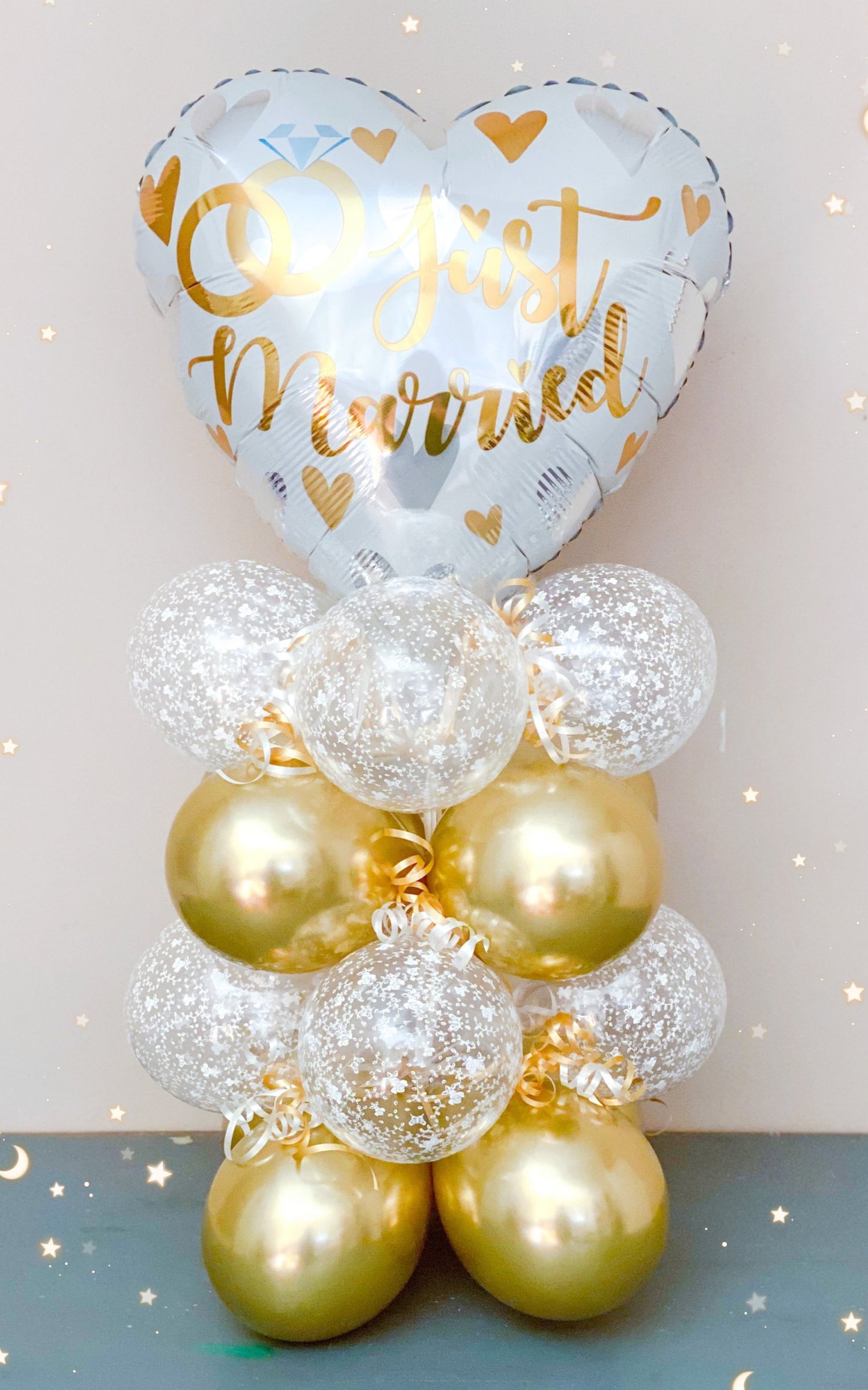 Just married gold and white stacked balloons